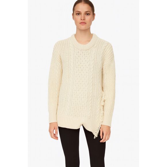 J. Crew Women's cream ivory cable knit sweater size L fringe winter casual prep - Picture 1 of 10